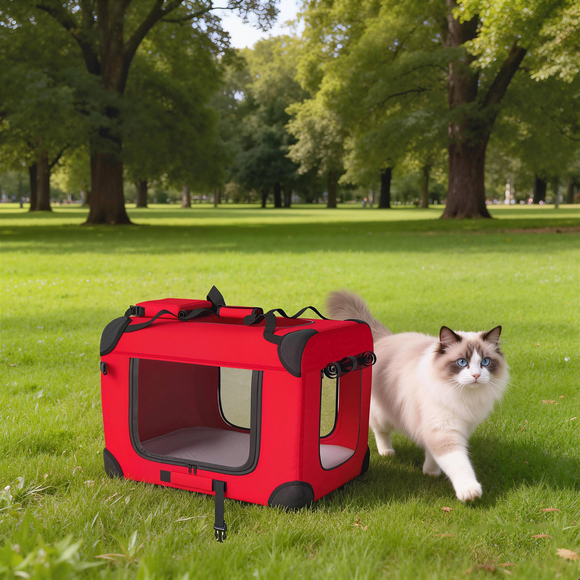 Sac de transport pliable pour chiens et chats (60 x 41,5 x 41 cm) avec fenêtres en filet, coussin moelleux et 2 poignées, rouge. - Image 10