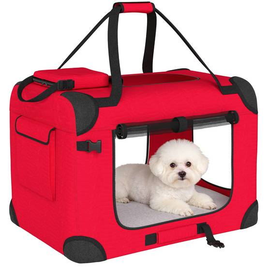 Sac de transport pliable pour chiens et chats (60 x 41,5 x 41 cm) avec fenêtres en filet, coussin moelleux et 2 poignées, rouge. - Image 1