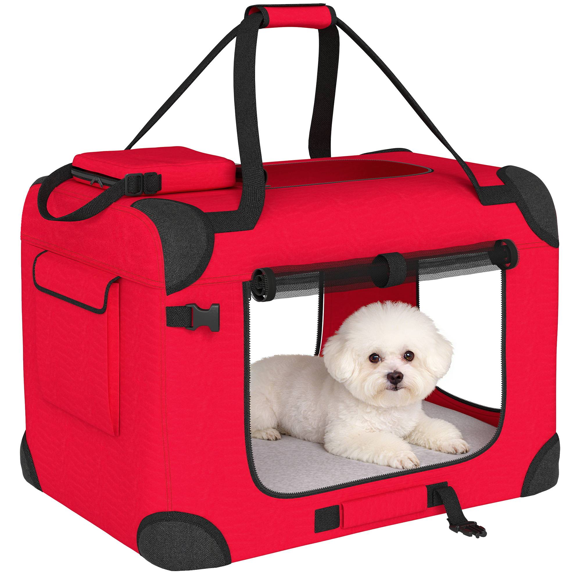 Sac de transport pliable pour chiens et chats (60 x 41,5 x 41 cm) avec fenêtres en filet, coussin moelleux et 2 poignées, rouge. - Image 1