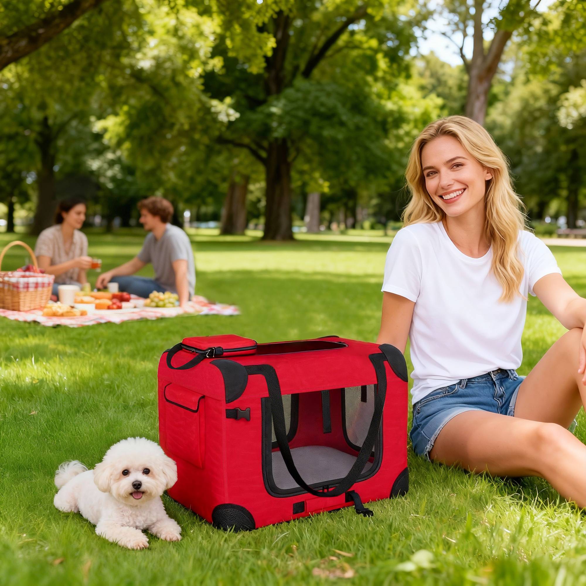 Sac de transport pliable pour chiens et chats (60 x 41,5 x 41 cm) avec fenêtres en filet, coussin moelleux et 2 poignées, rouge. - Image 3