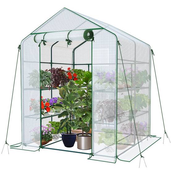Serre de jardin avec étagères 143x143x195cm blanc - Bâche PE renforcée 135 g/m² - Fenêtre moustiquaire, porte enroulable zippée - Image 1