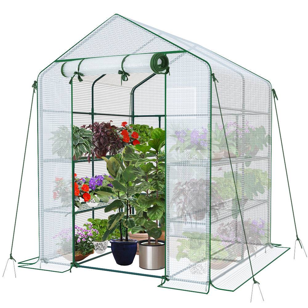 Serre de jardin avec étagères 143x143x195cm blanc - Bâche PE renforcée 135 g/m² - Fenêtre moustiquaire, porte enroulable zippée - Image 1