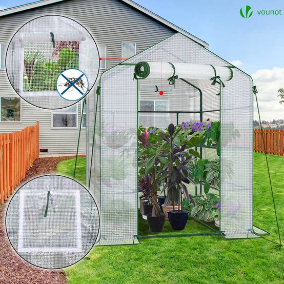 Serre de jardin avec étagères 143x143x195cm blanc - Bâche PE renforcée 135 g/m² - Fenêtre moustiquaire, porte enroulable zippée - Image 2