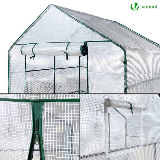 Serre de jardin avec étagères 143x143x195cm blanc - Bâche PE renforcée 135 g/m² - Fenêtre moustiquaire, porte enroulable zippée - Image 5