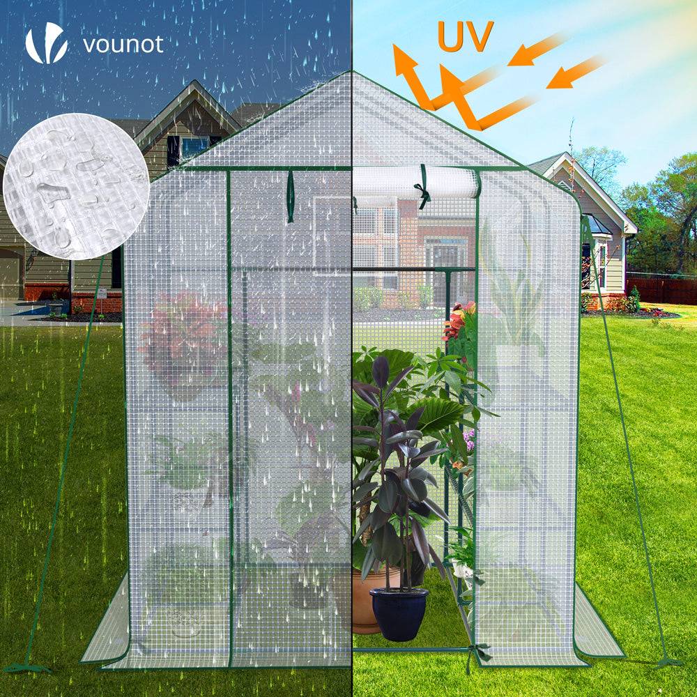 Serre de jardin avec étagères 143x143x195cm blanc - Bâche PE renforcée 135 g/m² - Fenêtre moustiquaire, porte enroulable zippée - Image 4