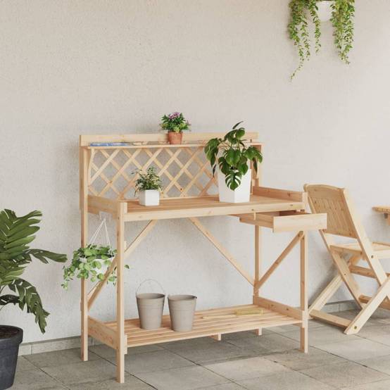Banc de Rempotage Bois de Sapin avec Treillis Table de Jardinage avec Rangement et Tiroir Naturel – ComfortXL Outdoor Living - Image 3