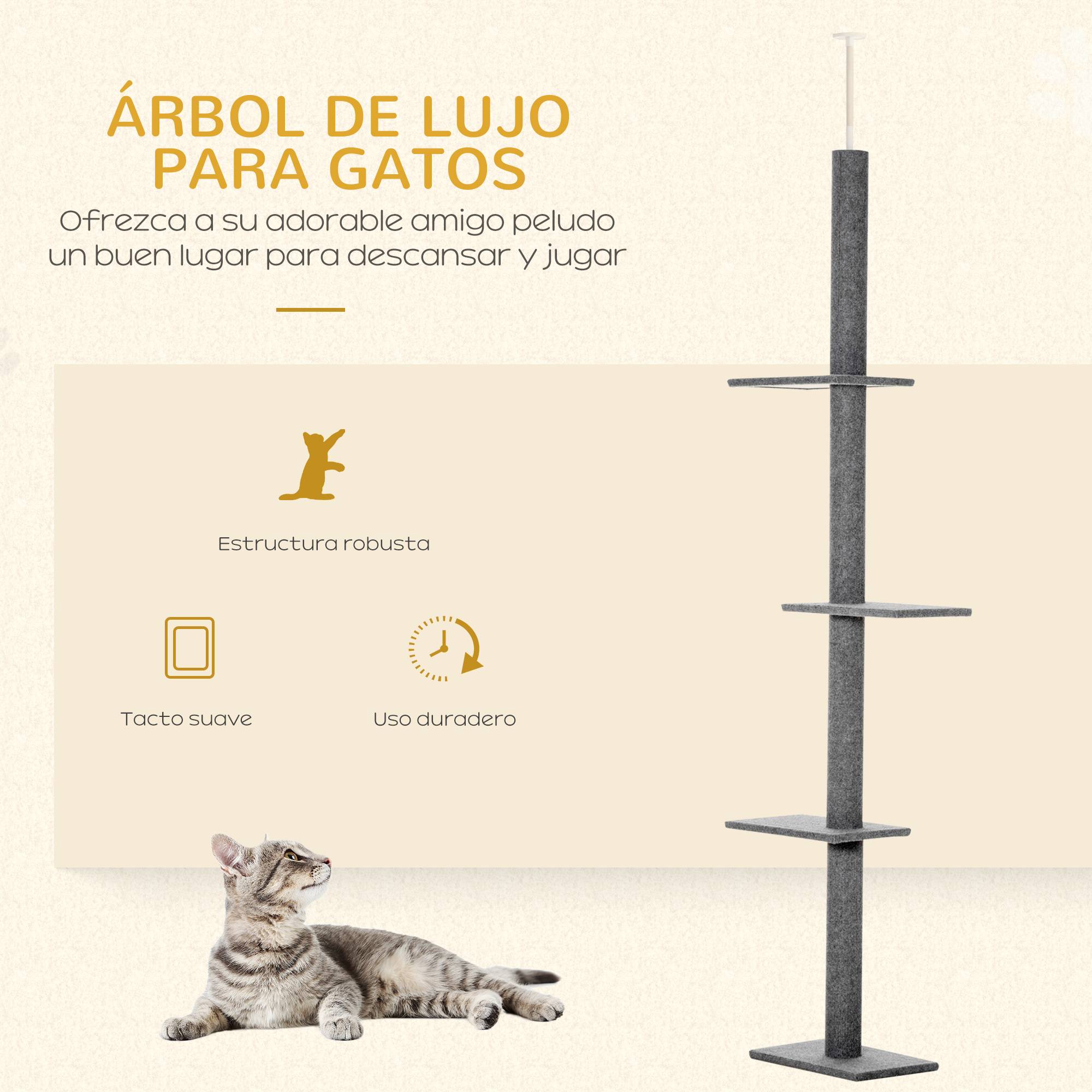 Tour à Griffer pour Chat du Sol au Plafond Hauteur Ajustable 228-260 cm Plateformes en Peluche Douce Gris - ComfortXL Outdoor Living - Image 6