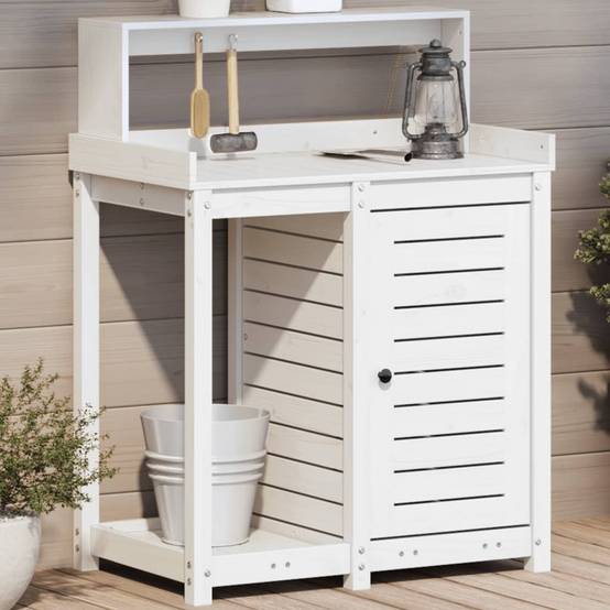 Station de rempotage haute en Pin massif Avec armoire pour Balcon et Terrasse Blanc 82.5x50x109.5 cm – ComfortXL Outdoor Living - Image 1