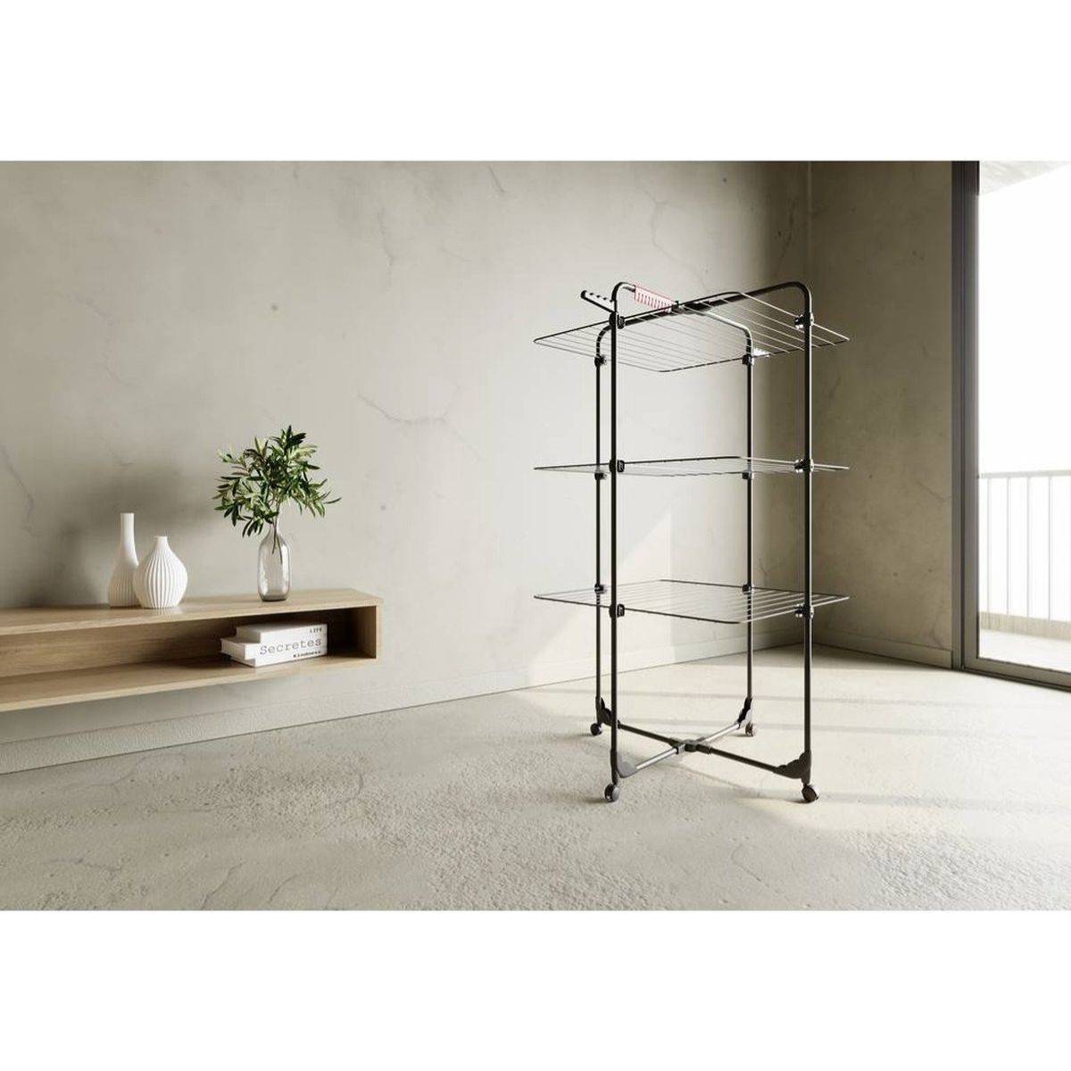 Étendoir à linge Intérieur 3 étages Séchoir à linge Pliable sur roulettes Tancarville Noir 93 x 71 x 131 cm VILEDA - Image 3