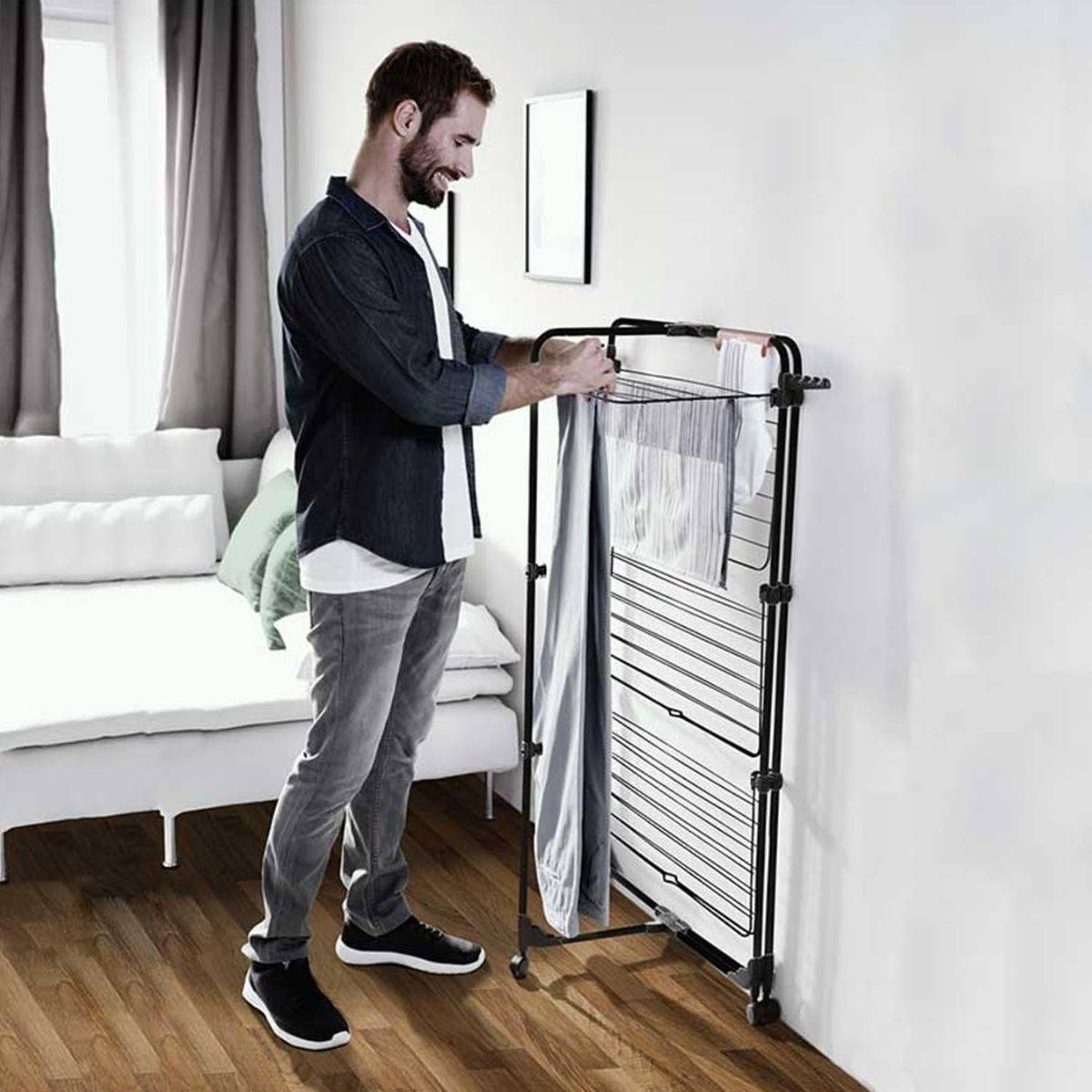 Étendoir à linge Intérieur 3 étages Séchoir à linge Pliable sur roulettes Tancarville Noir 93 x 71 x 131 cm VILEDA - Image 5