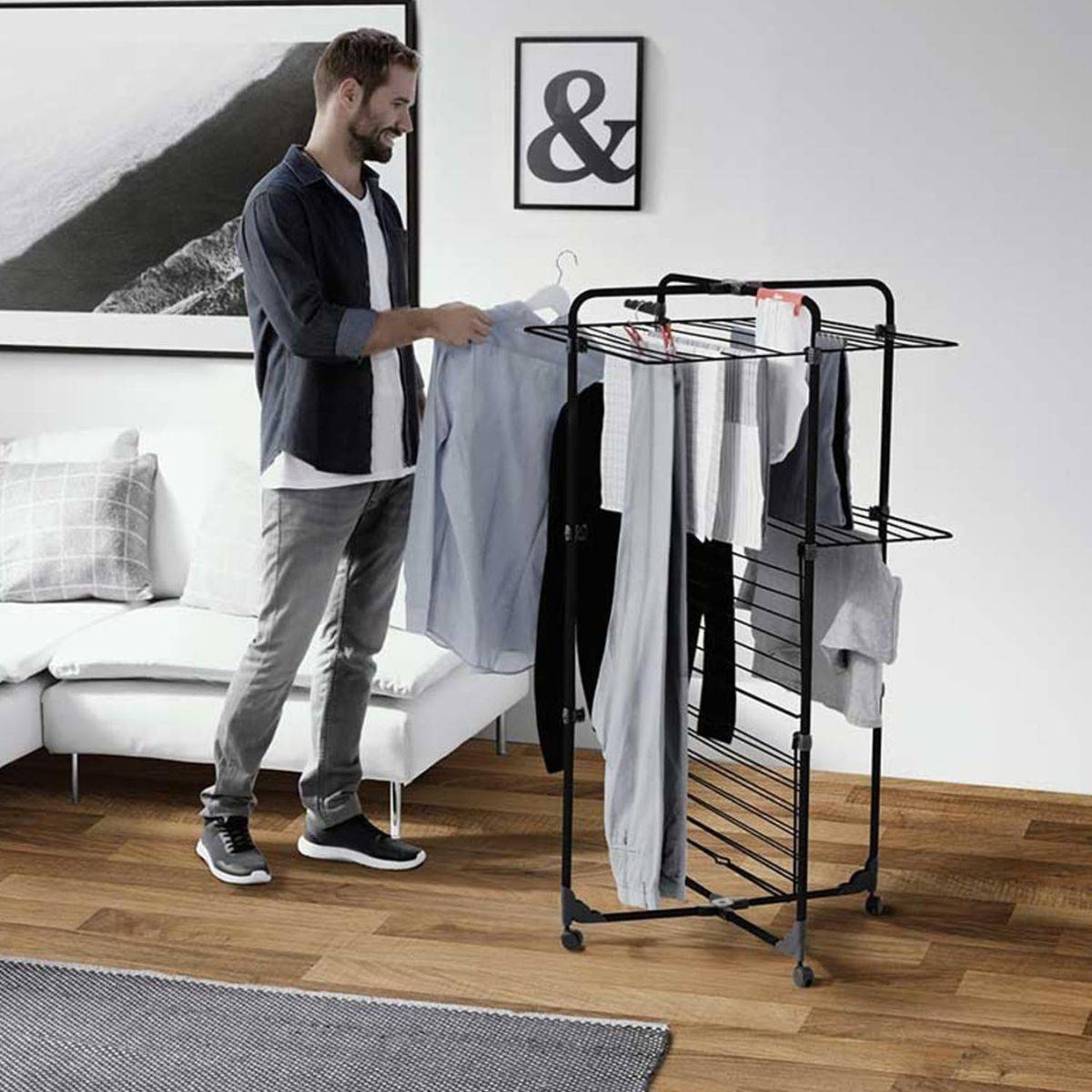 Étendoir à linge Intérieur 3 étages Séchoir à linge Pliable sur roulettes Tancarville Noir 93 x 71 x 131 cm VILEDA - Image 2
