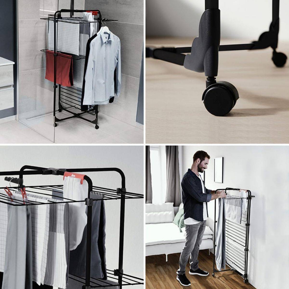 Étendoir à linge Intérieur 3 étages Séchoir à linge Pliable sur roulettes Tancarville Noir 93 x 71 x 131 cm VILEDA - Image 6