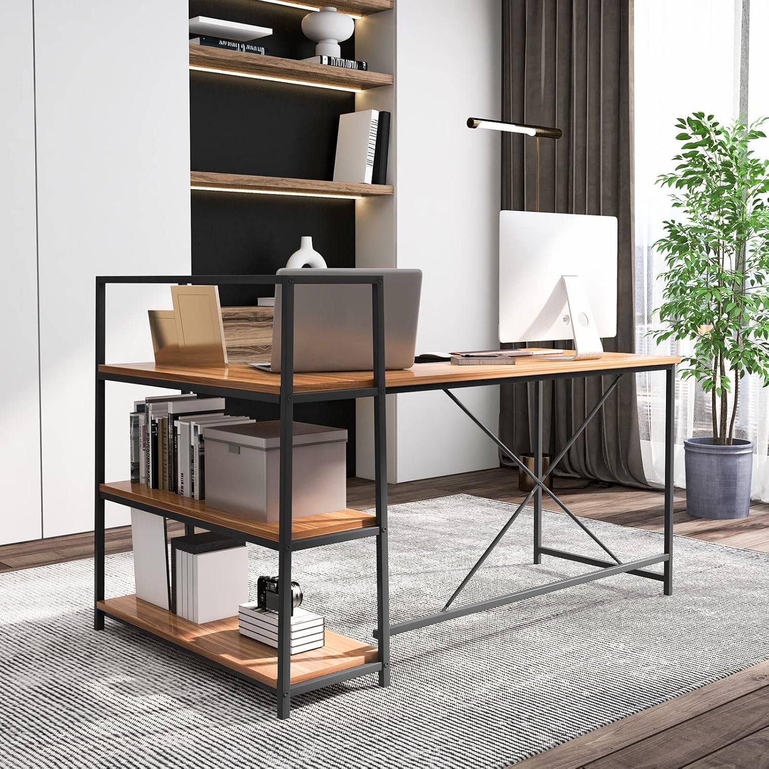 Bureau d'angle Réversible avec Étagère Rangement,Poste de Travail, 148 x 100 x 90 cm (Noir + Noyer) - Image 2