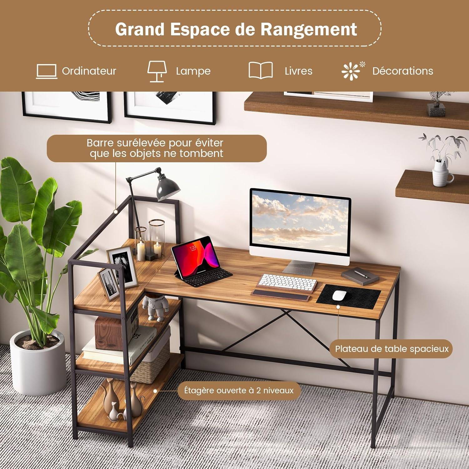 Bureau d'angle Réversible avec Étagère Rangement,Poste de Travail, 148 x 100 x 90 cm (Noir + Noyer) - Image 6