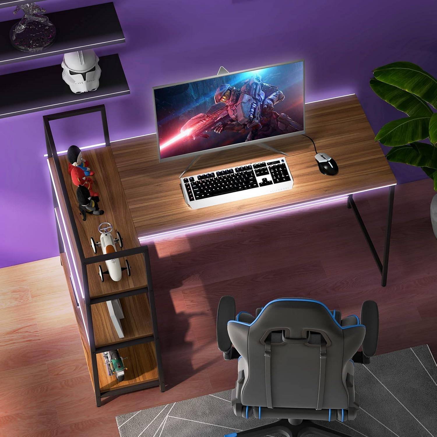 Bureau d'angle Réversible avec Étagère Rangement,Poste de Travail, 148 x 100 x 90 cm (Noir + Noyer) - Image 9