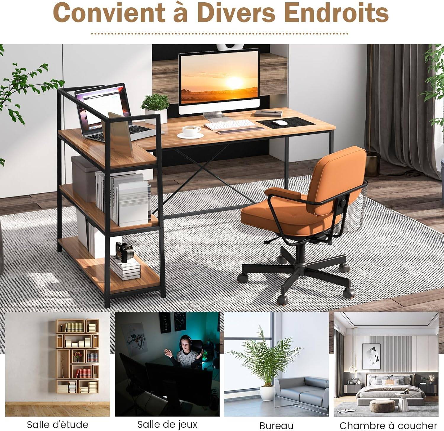 Bureau d'angle Réversible avec Étagère Rangement,Poste de Travail, 148 x 100 x 90 cm (Noir + Noyer) - Image 5