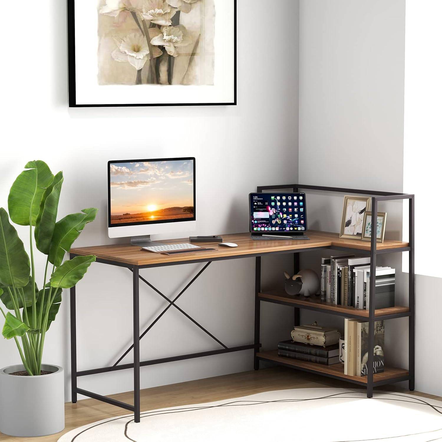 Bureau d'angle Réversible avec Étagère Rangement,Poste de Travail, 148 x 100 x 90 cm (Noir + Noyer) - Image 8