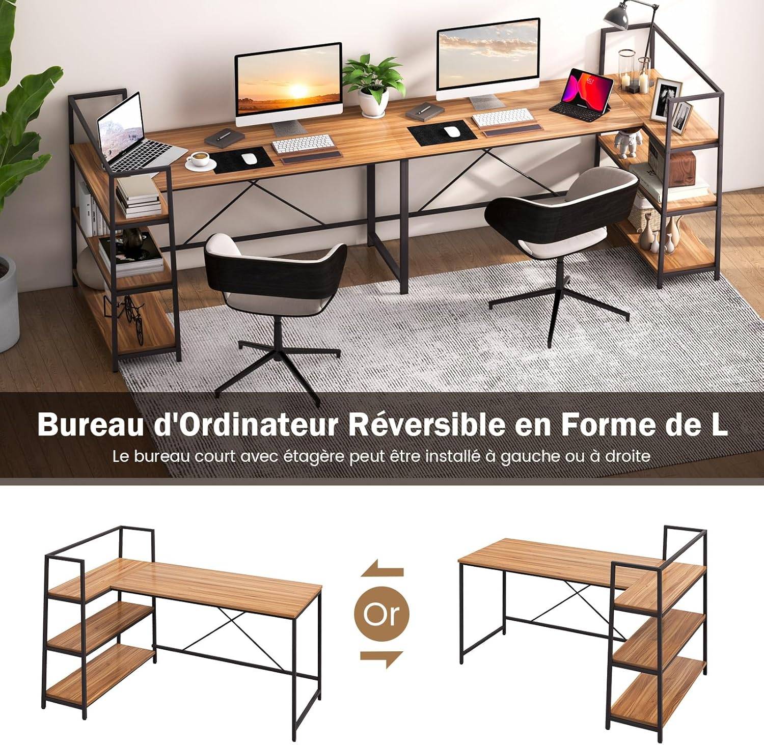 Bureau d'angle Réversible avec Étagère Rangement,Poste de Travail, 148 x 100 x 90 cm (Noir + Noyer) - Image 4