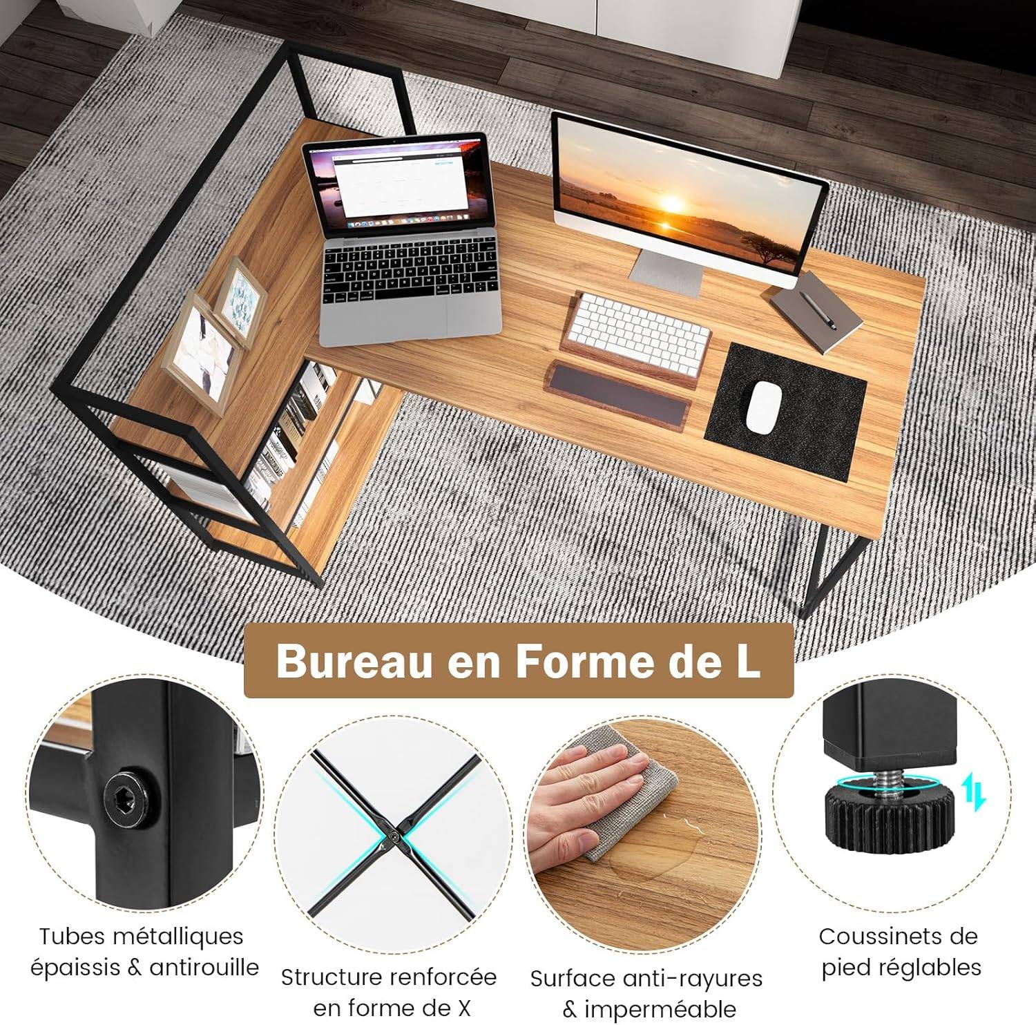 Bureau d'angle Réversible avec Étagère Rangement,Poste de Travail, 148 x 100 x 90 cm (Noir + Noyer) - Image 7