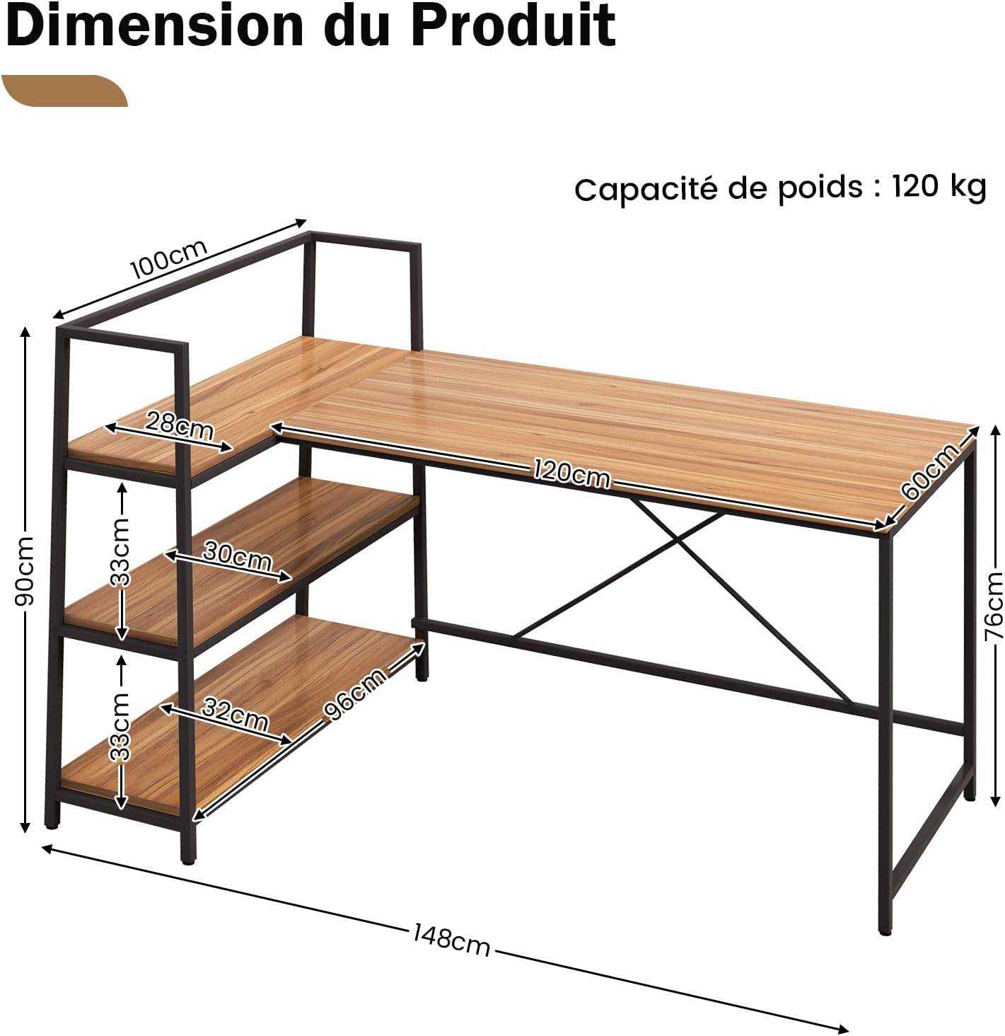 Bureau d'angle Réversible avec Étagère Rangement,Poste de Travail, 148 x 100 x 90 cm (Noir + Noyer) - Image 3