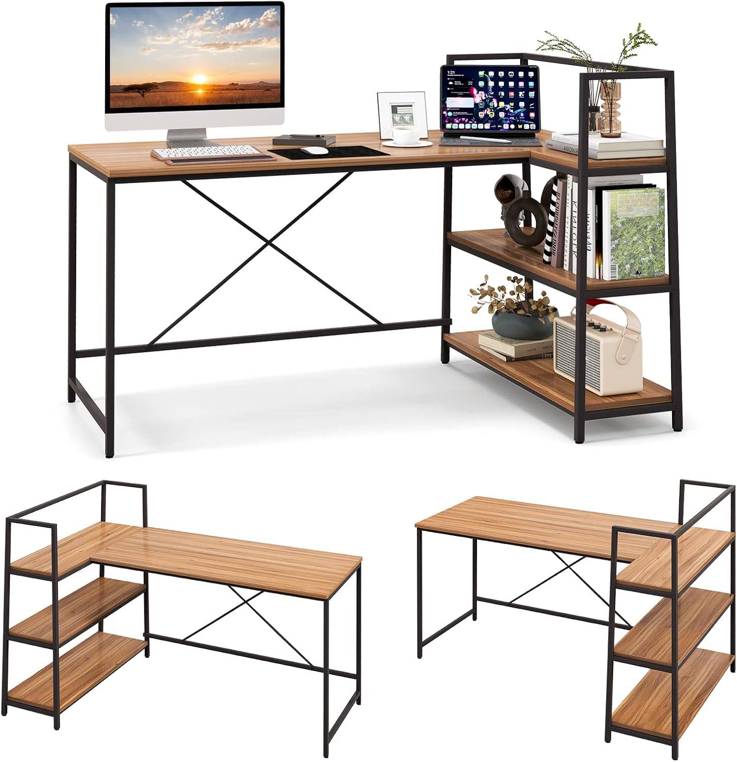 Bureau d'angle Réversible avec Étagère Rangement,Poste de Travail, 148 x 100 x 90 cm (Noir + Noyer) - Image 1