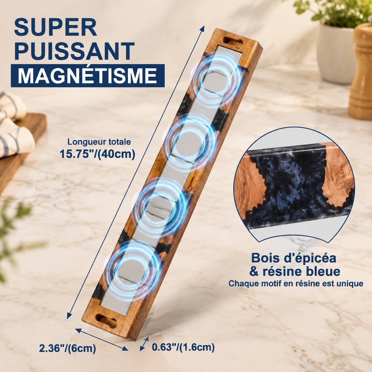 Barre Magnétique Murale Bois Noir 40 Cm Support Ustensiles Cuisine Installation Adhésive Ou Vis - Image 3