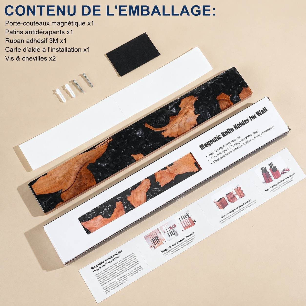 Barre Magnétique Murale Bois Noir 40 Cm Support Ustensiles Cuisine Installation Adhésive Ou Vis - Image 5