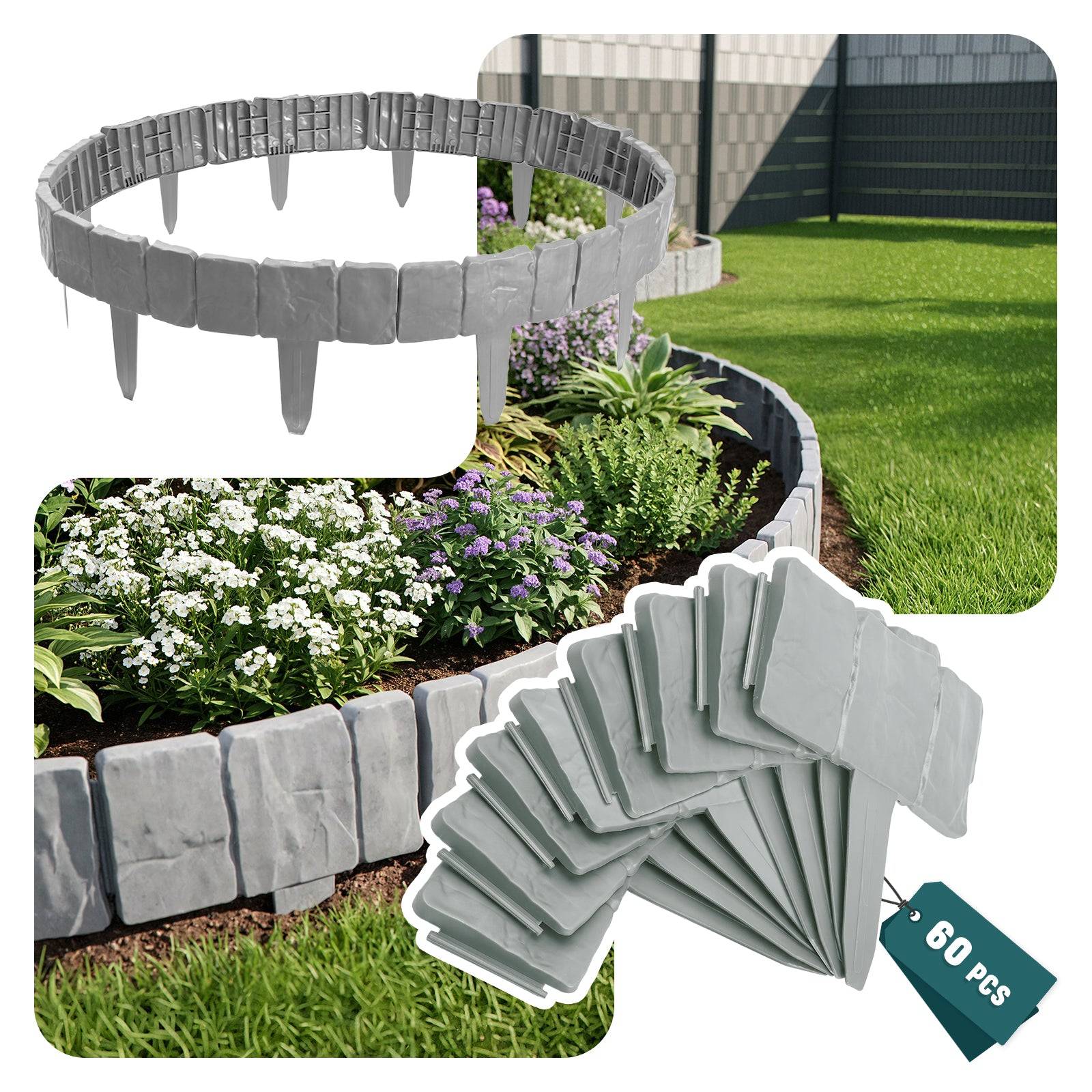 Vounot - Bordure de jardin imitation pierre 15m gris clair - Hauteur 23cm - Clôture gazon décorative en PP - VOUNOT® - Image 1