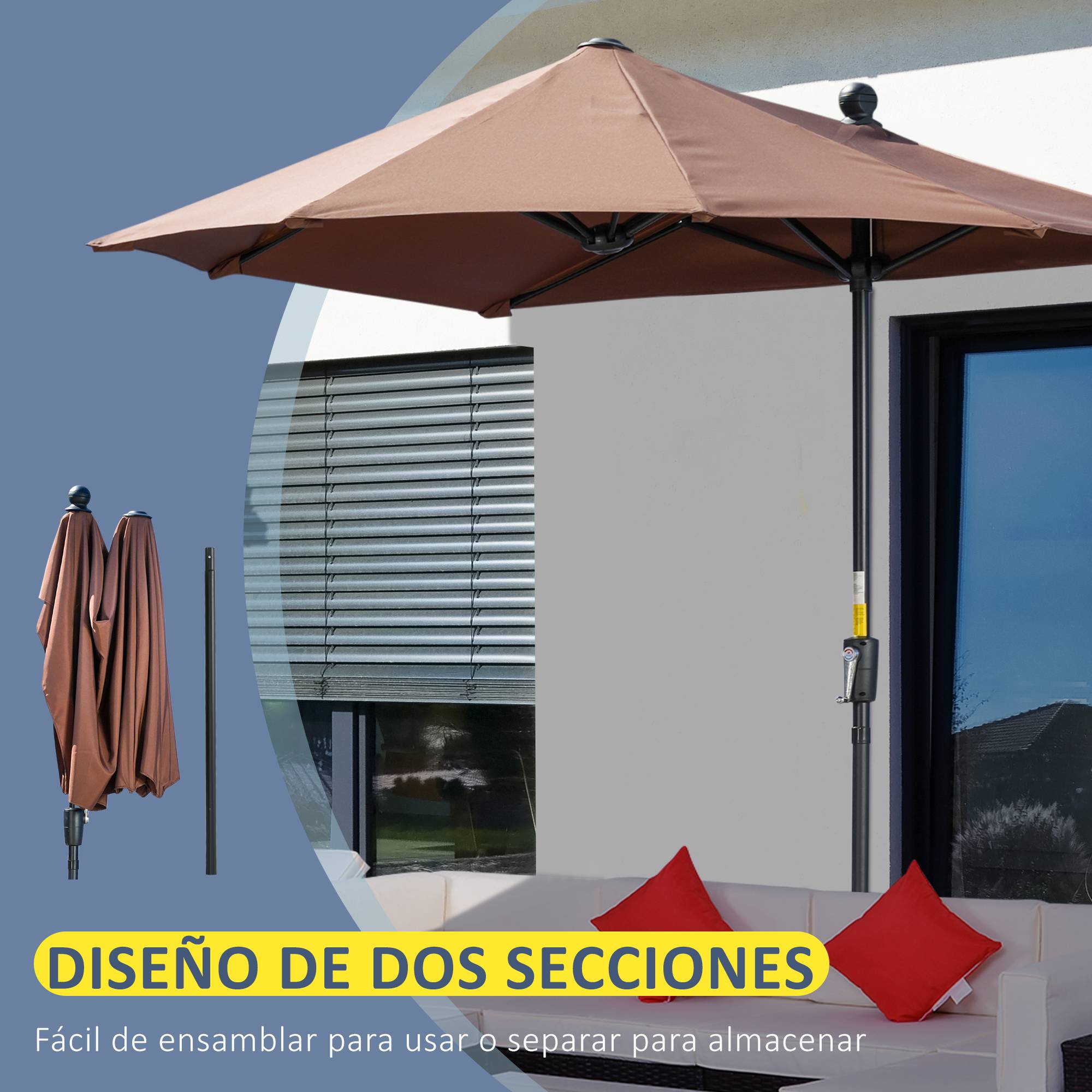 ComfortXL - Demi-Parasol Mural Acier avec Manivelle pour Balcon Terrasse 200x190 cm Café - ComfortXL Outdoor Living - Image 8