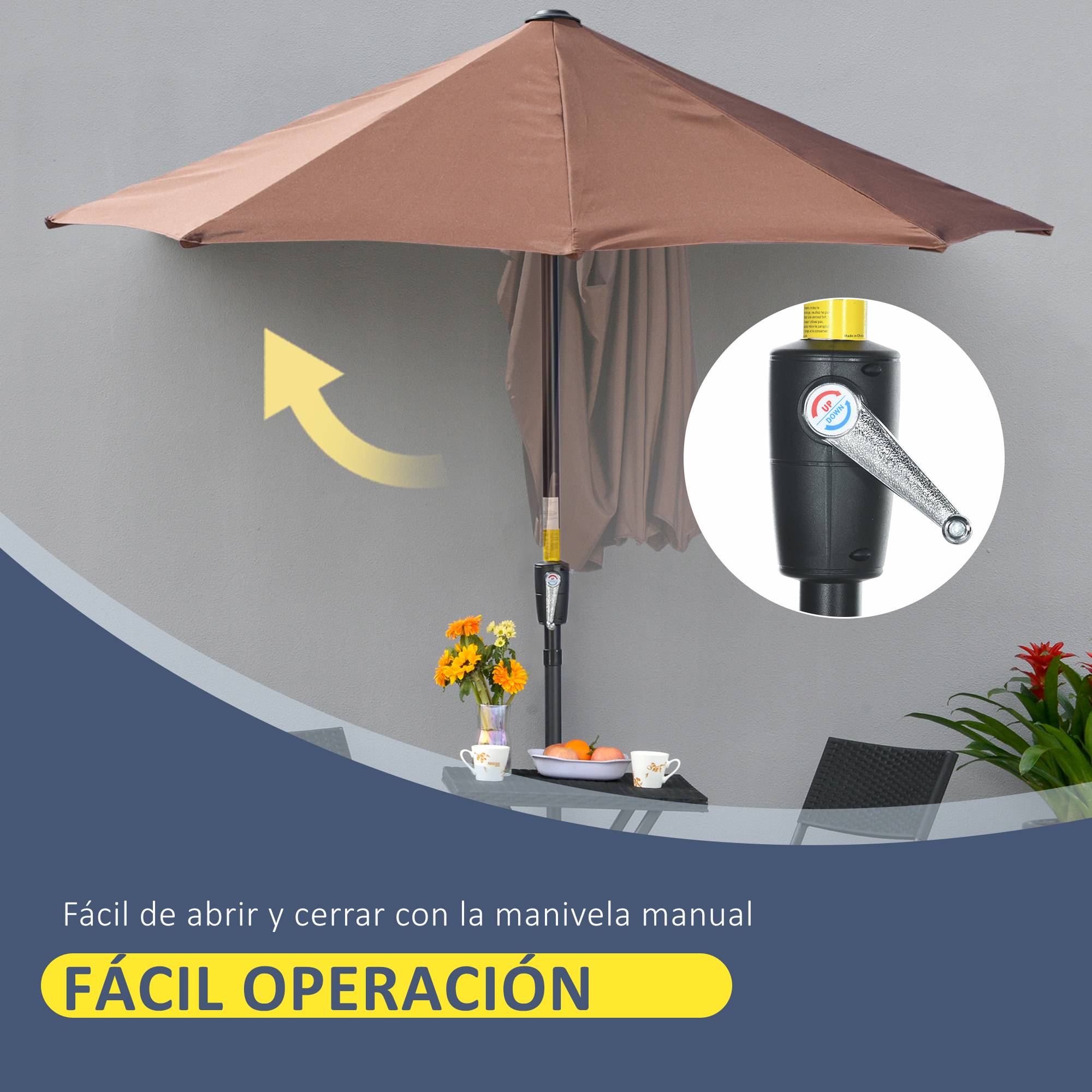 ComfortXL - Demi-Parasol Mural Acier avec Manivelle pour Balcon Terrasse 200x190 cm Café - ComfortXL Outdoor Living - Image 7