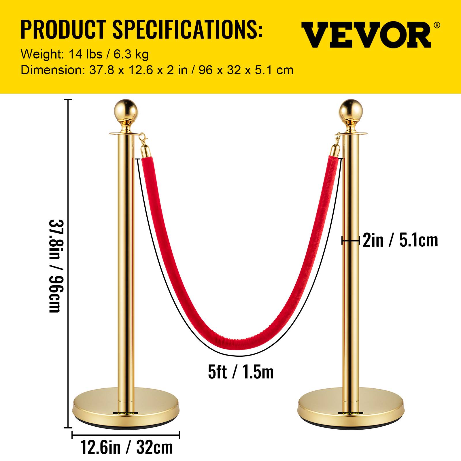 VEVOR 4 poteaux de guidage argentés, cordons velours, hauteur 96cm, pour contrôle et séparation des foules. - Image 7