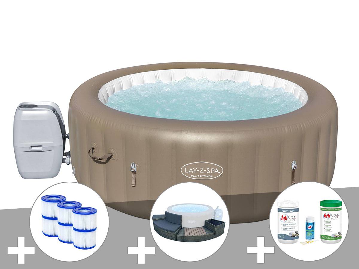 Bestway - Kit spa gonflable Bestway Lay-Z-Spa Palm Springs rond Airjet 4/6 places + Ensemble mobilier + 6 filtres + Kit traitement brome