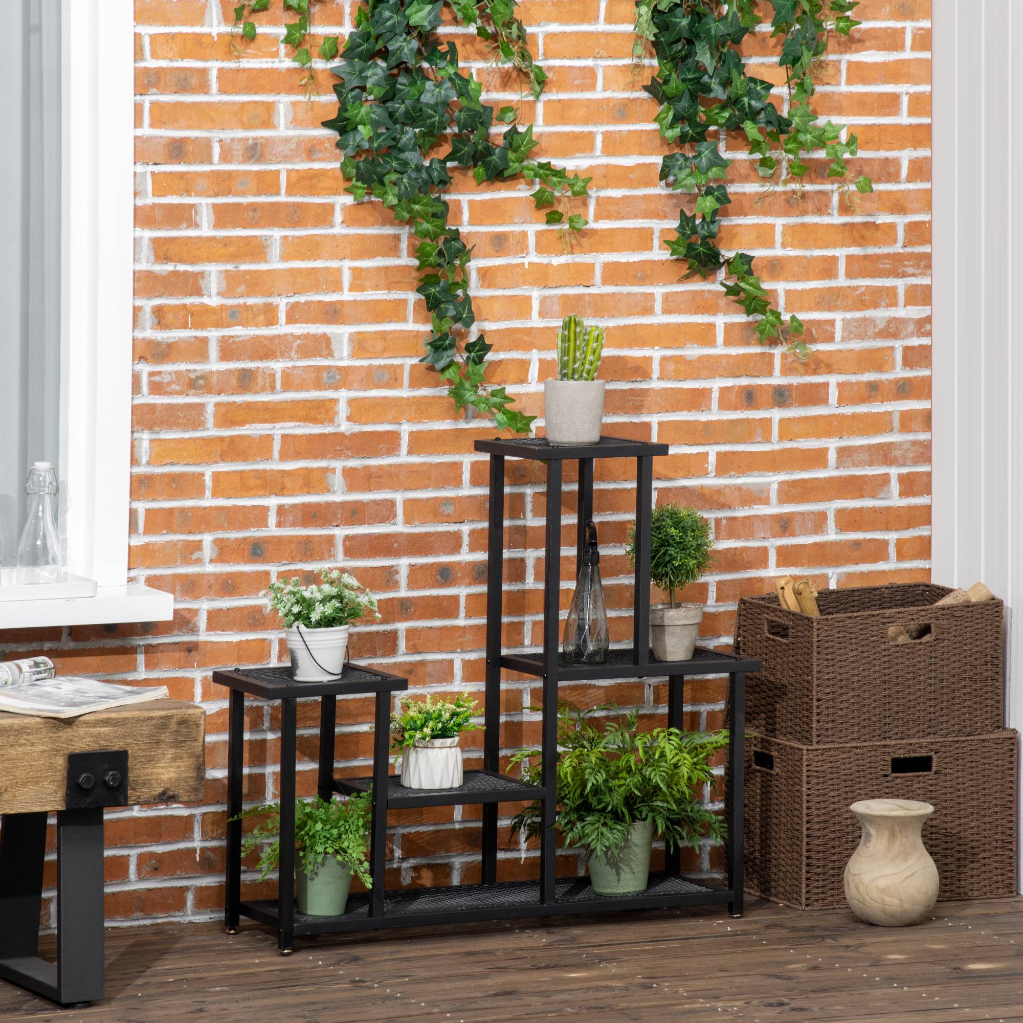 Étagère pour plantes Fer Balcon Terrasse Présentoir 4 Niveaux 91x25x83cm Noir - ComfortXL Outdoor Living - Image 3