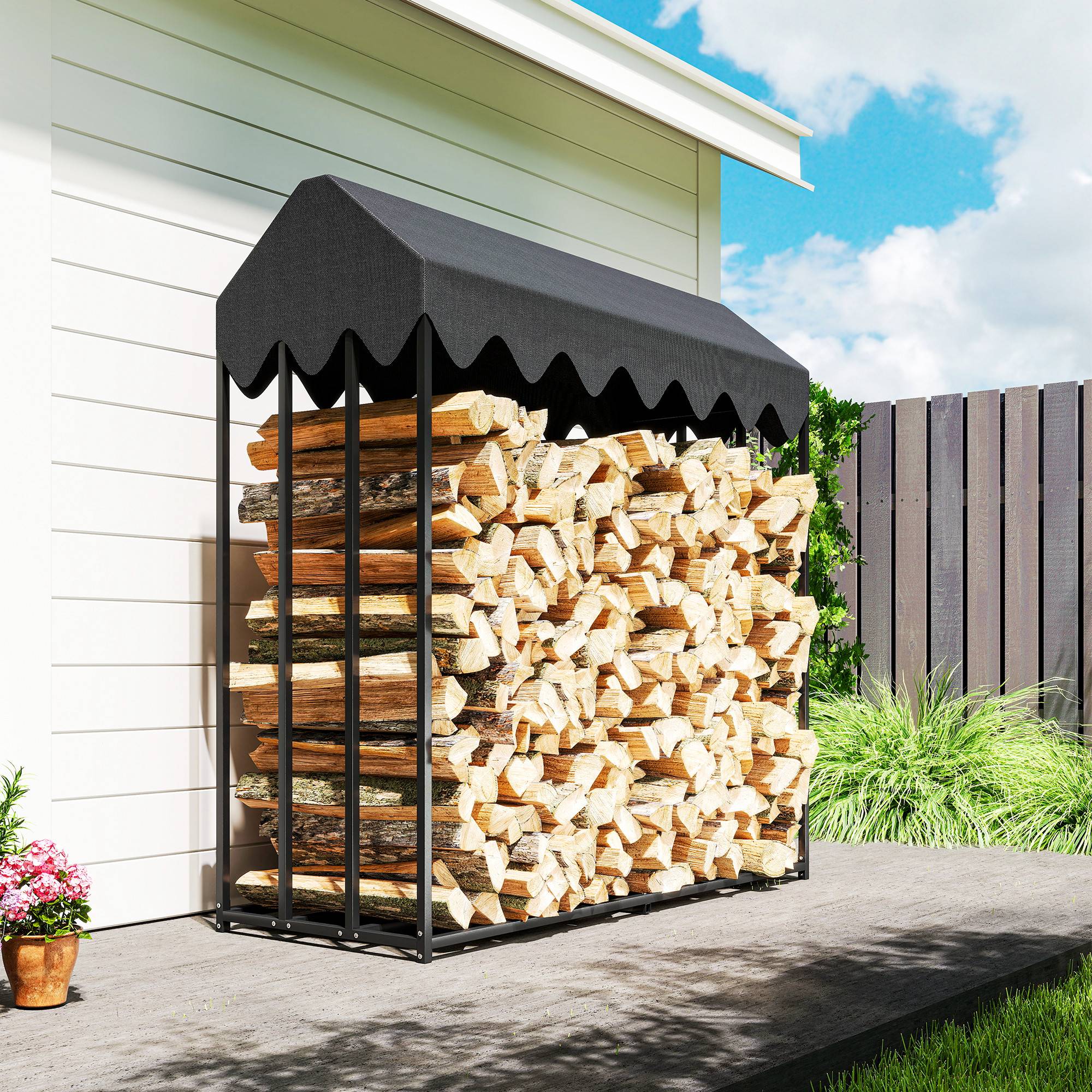 Étagère range-bûches acier avec toit pour jardin extérieur stockage massif 186cm noir - ComfortXL Outdoor Living - Image 10