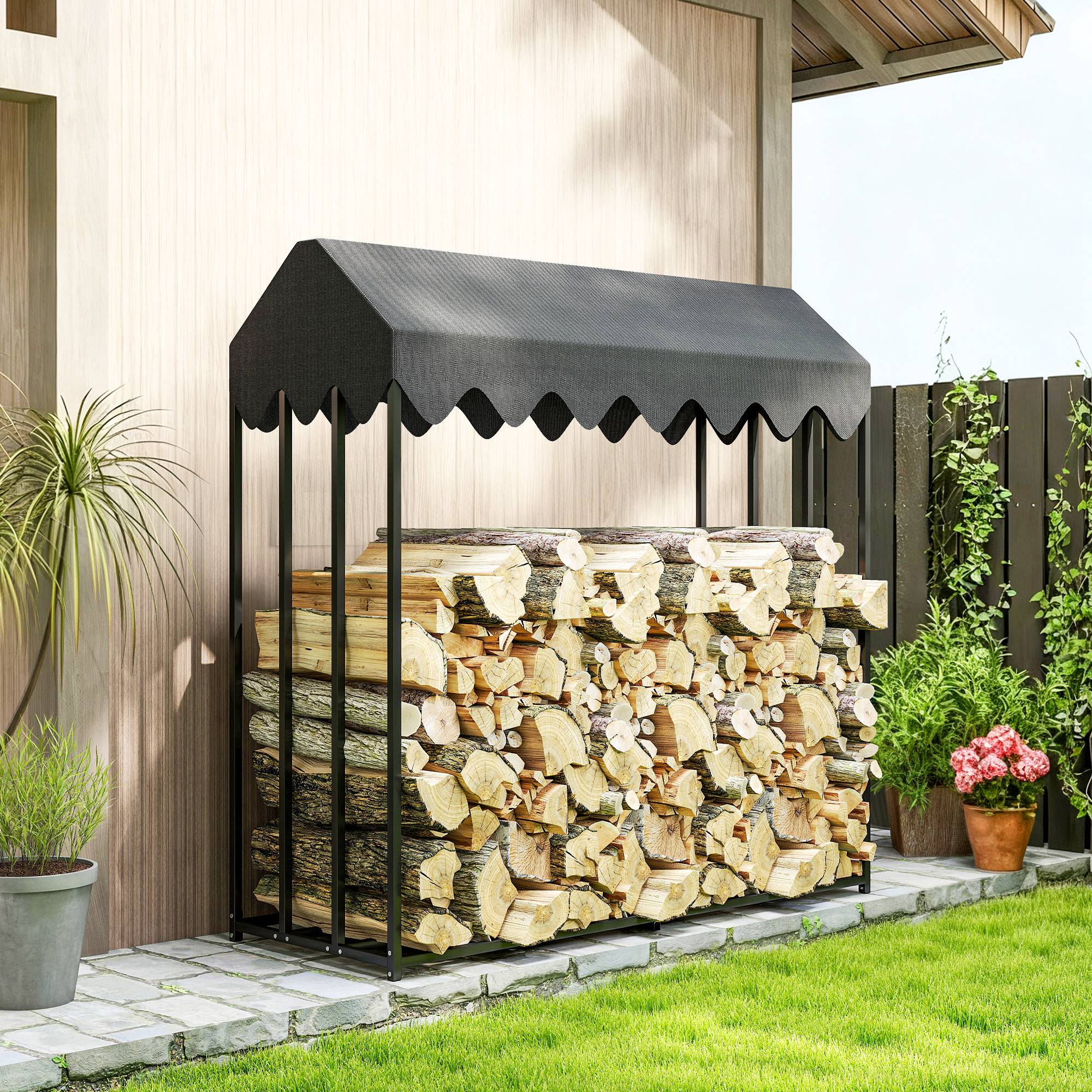 Étagère range-bûches acier avec toit pour jardin extérieur stockage massif 186cm noir - ComfortXL Outdoor Living - Image 4