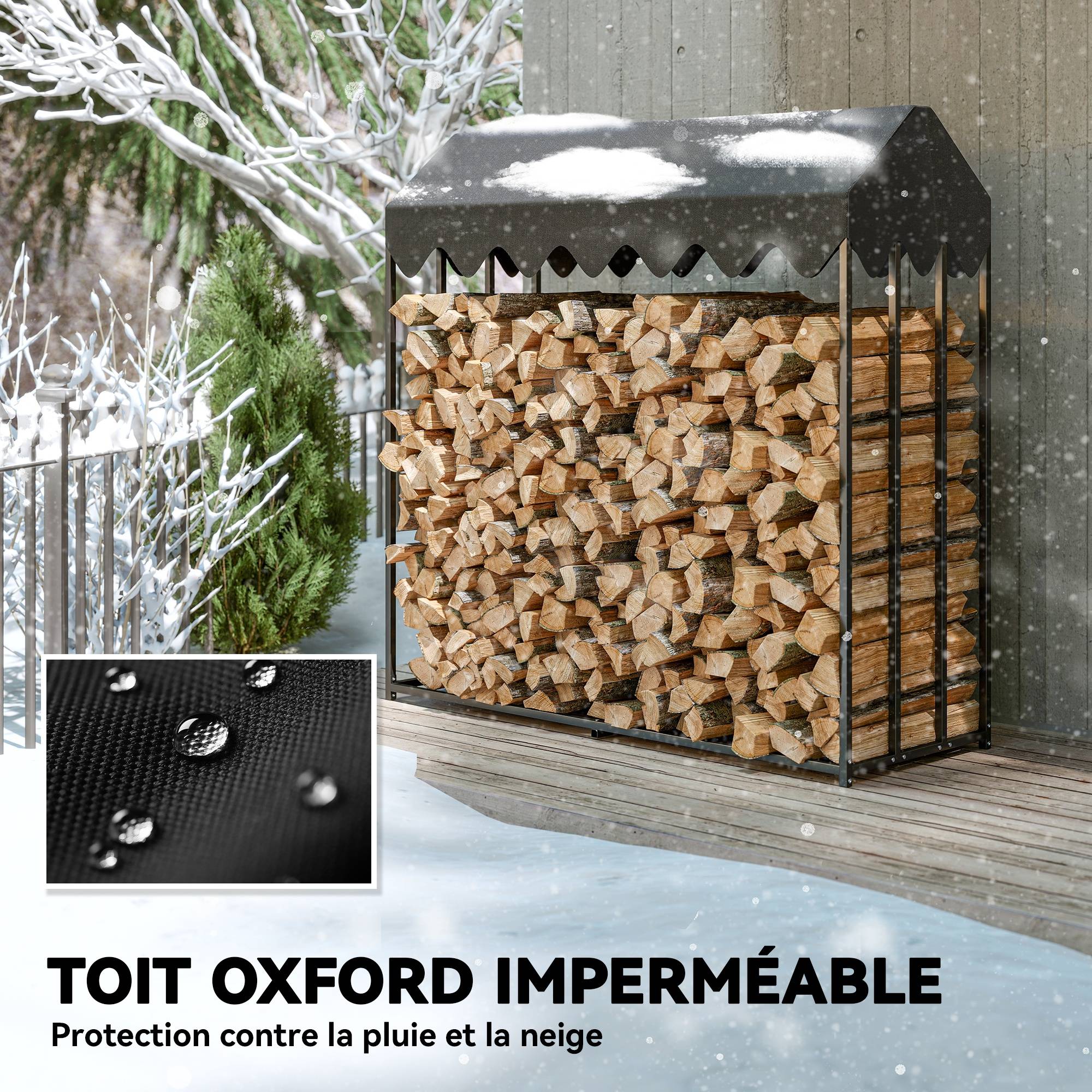 Étagère range-bûches acier avec toit pour jardin extérieur stockage massif 186cm noir - ComfortXL Outdoor Living - Image 7