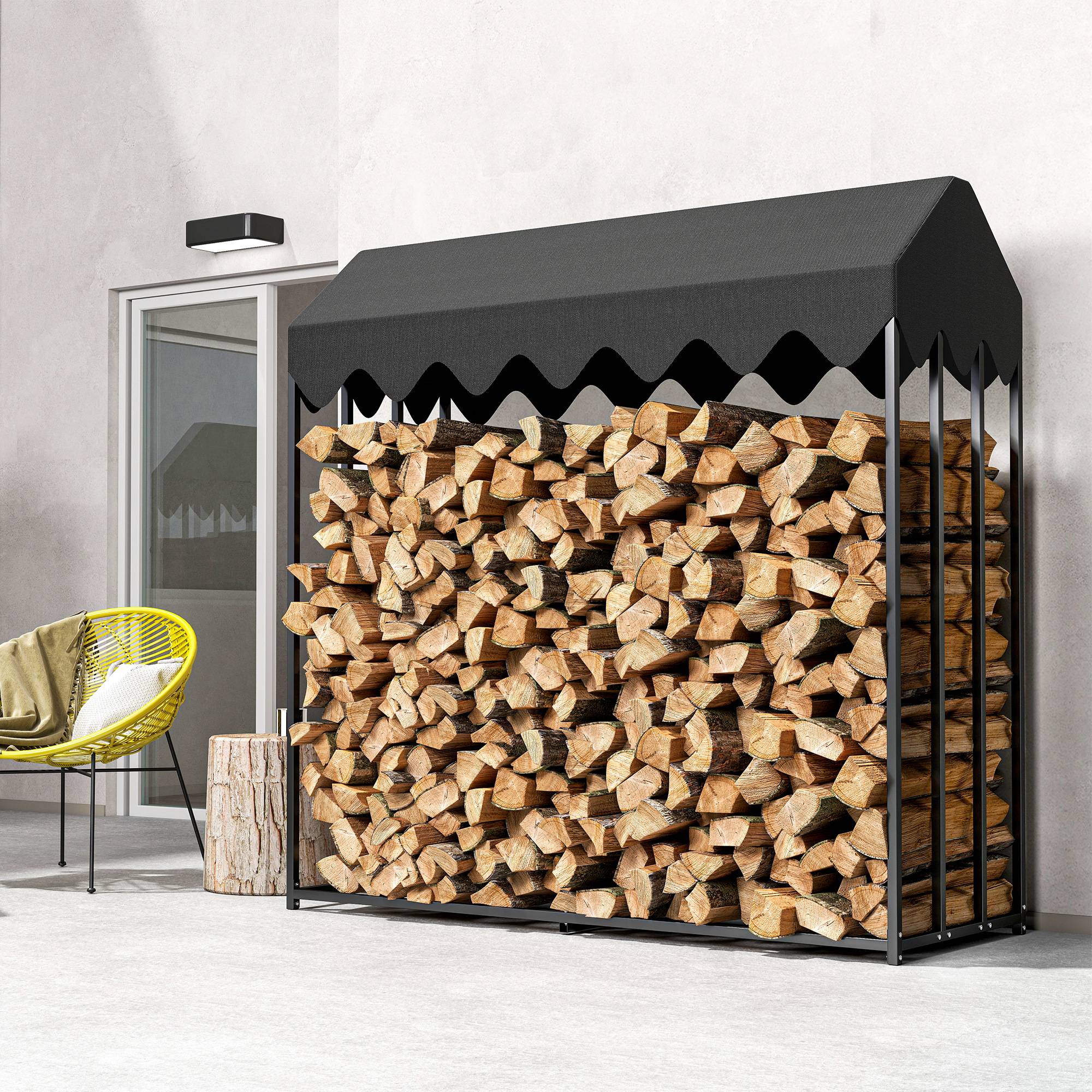 Étagère range-bûches acier avec toit pour jardin extérieur stockage massif 186cm noir - ComfortXL Outdoor Living - Image 9