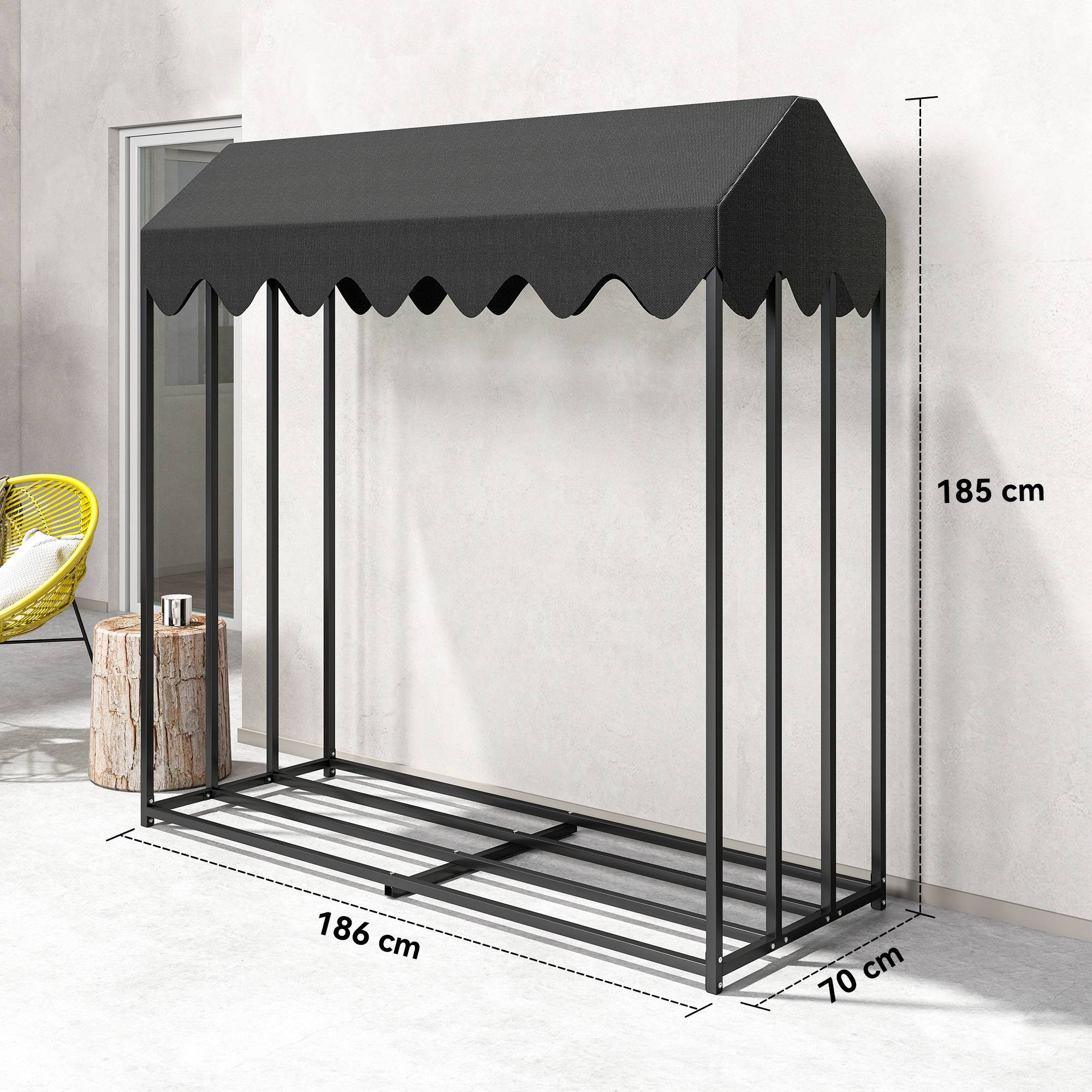Étagère range-bûches acier avec toit pour jardin extérieur stockage massif 186cm noir - ComfortXL Outdoor Living - Image 5