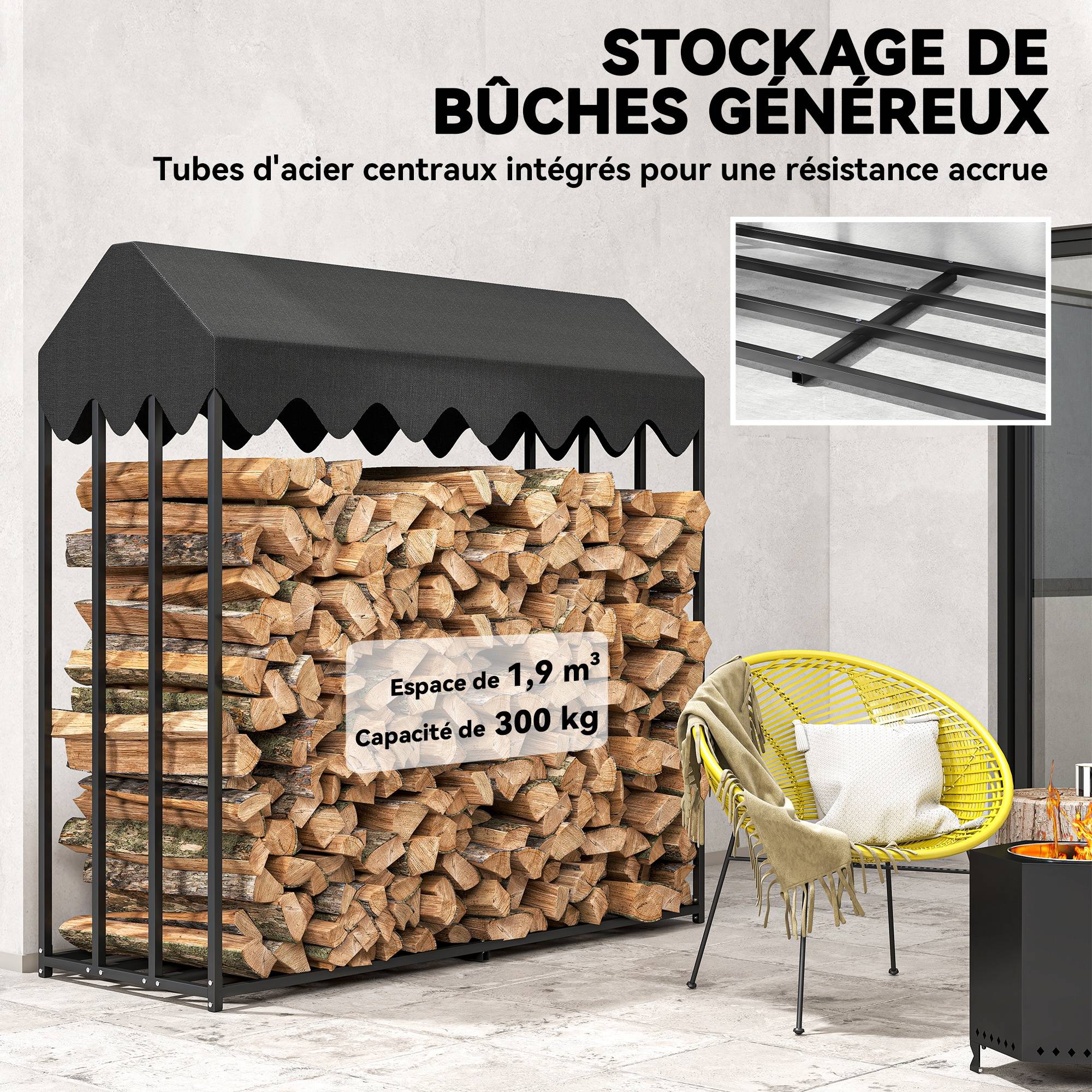 Étagère range-bûches acier avec toit pour jardin extérieur stockage massif 186cm noir - ComfortXL Outdoor Living - Image 6