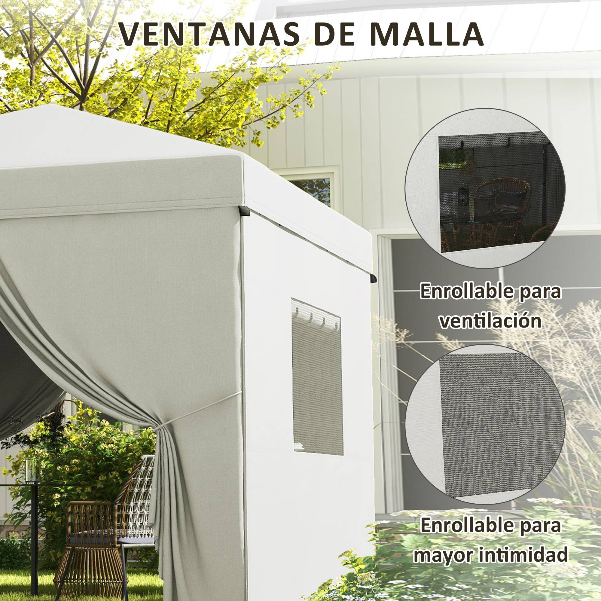 Tente pliante 3x3m avec 4 rideaux latéraux, 2 fenêtres en filet, hauteur réglable, imperméable et résistante aux UV, blanche - Image 8