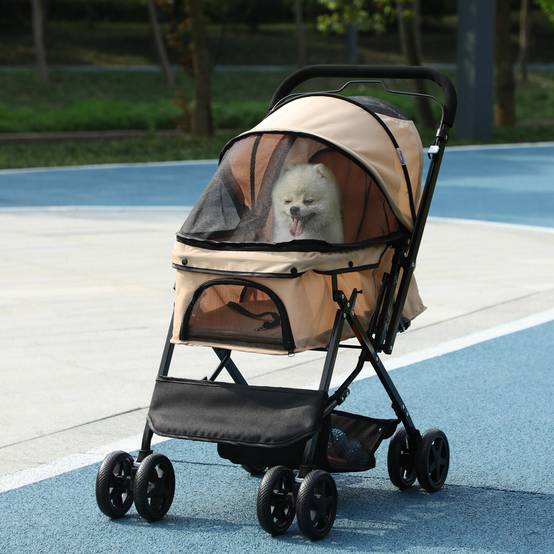 Poussette pour chien avec poignée réversible, panier de rangement et corde de sécurité, 76,5 x 52 x 95 cm, marron - Image 4