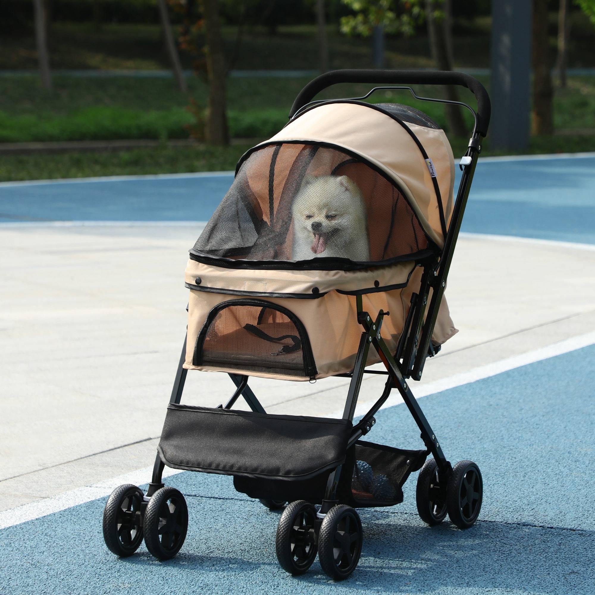 Poussette pour chien avec poignée réversible, panier de rangement et corde de sécurité, 76,5 x 52 x 95 cm, marron - Image 4