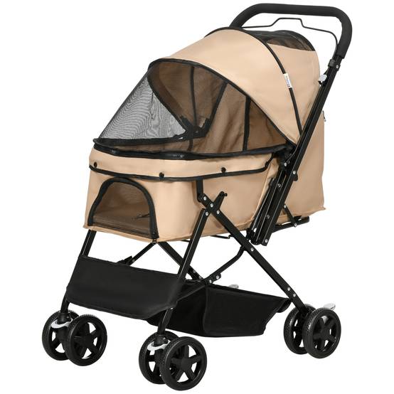 Poussette pour chien avec poignée réversible, panier de rangement et corde de sécurité, 76,5 x 52 x 95 cm, marron - Image 2
