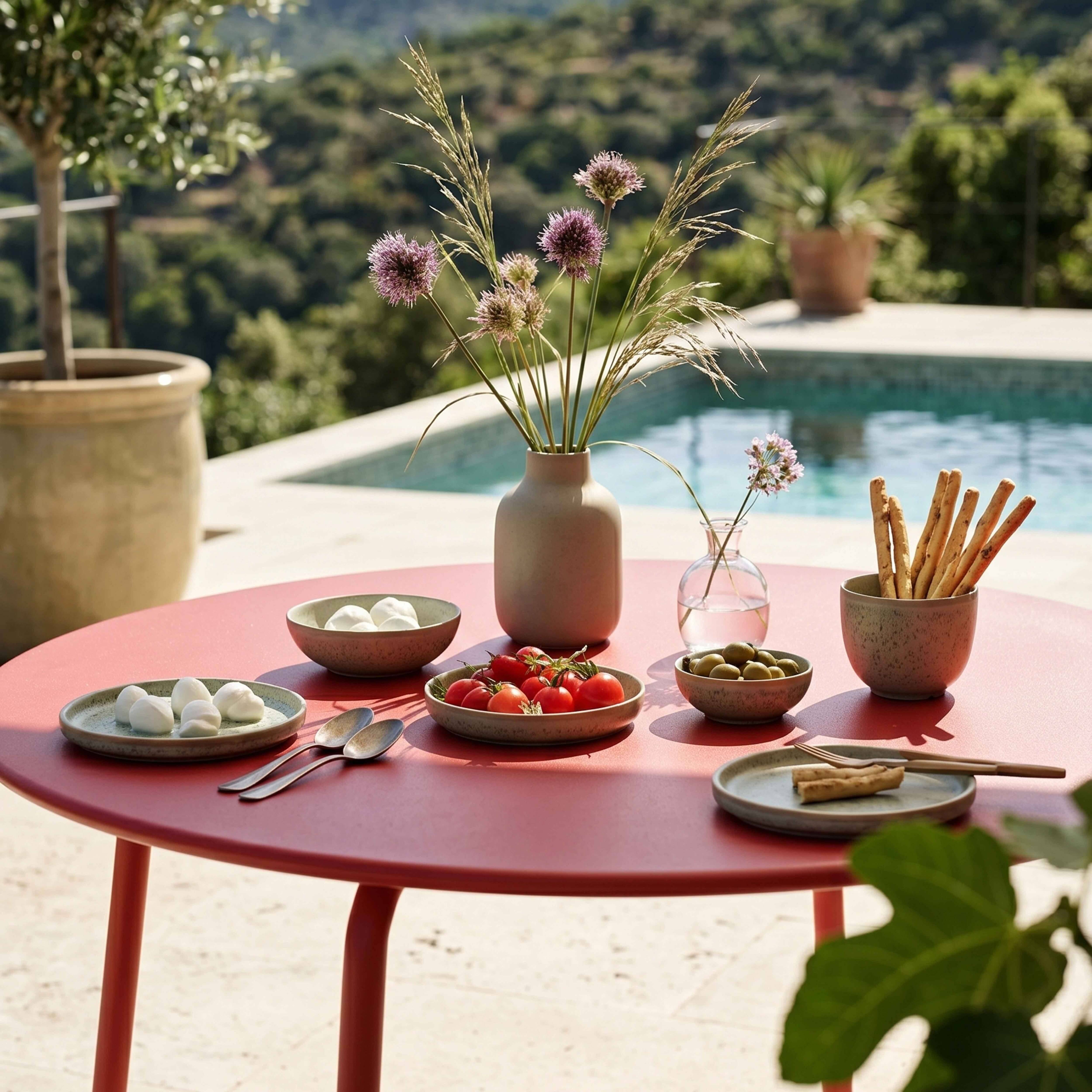 Oviala - Ensemble table de jardin ronde et 6 chaises en métal rouge Palavas - Oviala - Imagen 4