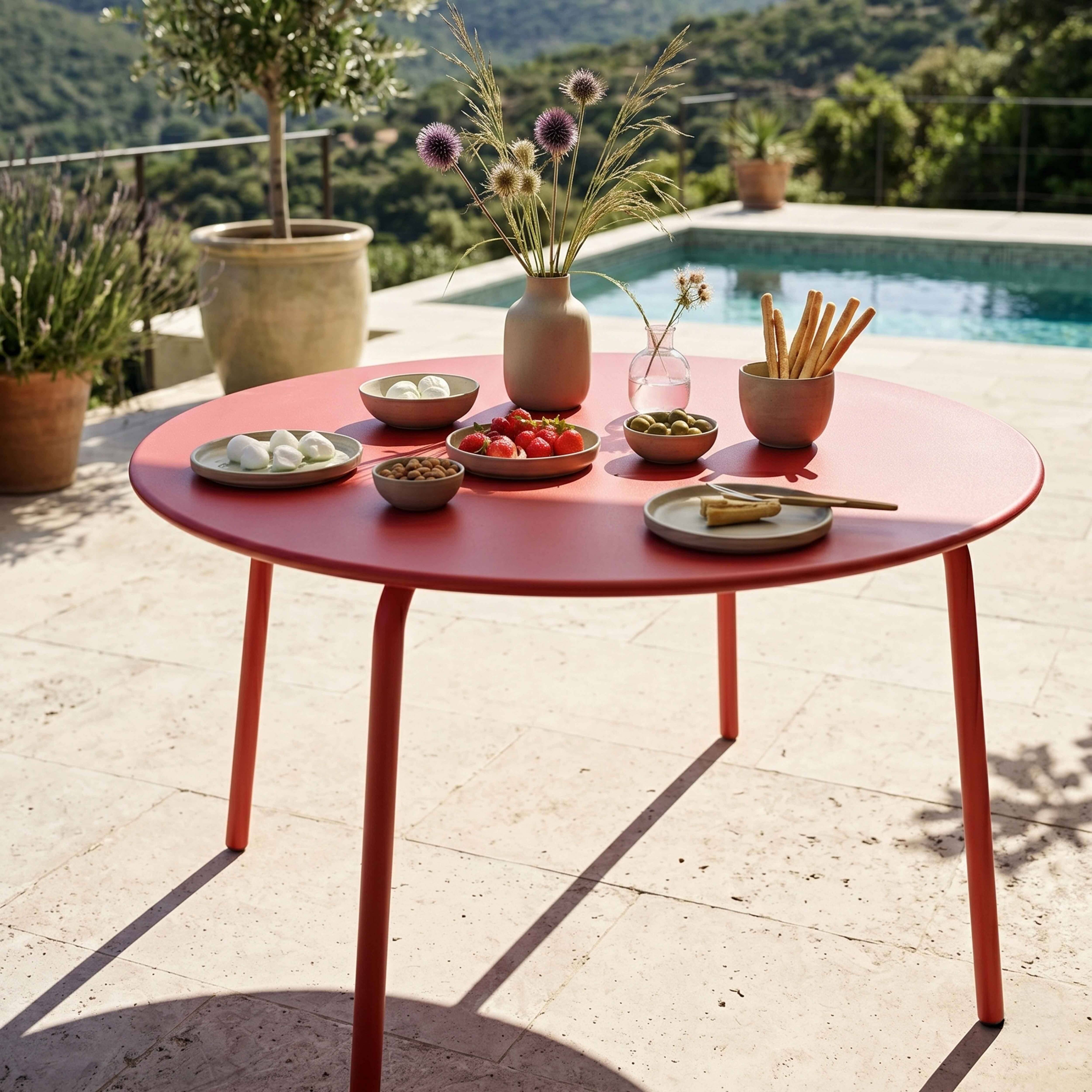 Oviala - Ensemble table de jardin ronde et 6 chaises en métal rouge Palavas - Oviala - Imagen 3