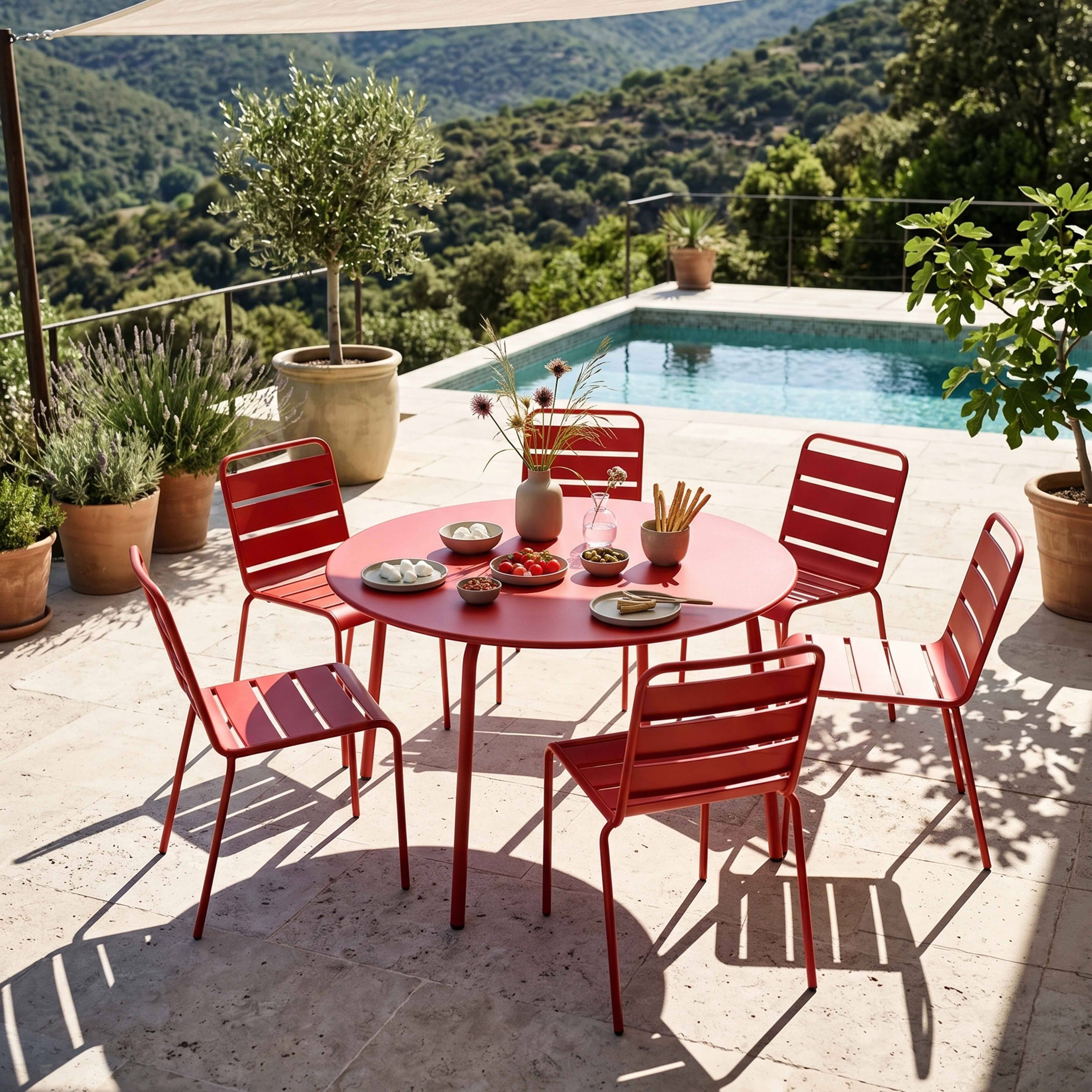 Oviala - Ensemble table de jardin ronde et 6 chaises en métal rouge Palavas - Oviala - Imagen 2