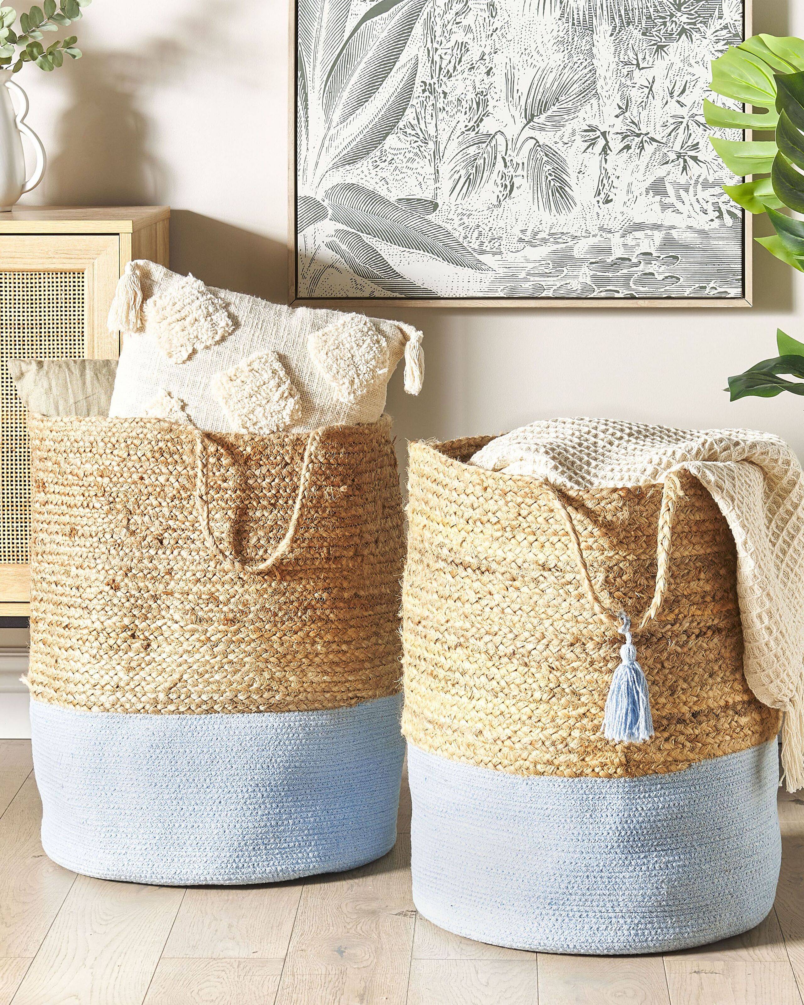 Beliani - Paniers Blanc et Bleu en Jute 50 cm Ronds Faits Main Rangement Intérieur pour Linge Facile à Entretenir Corbeilles Lot de 2 - Imagen 2