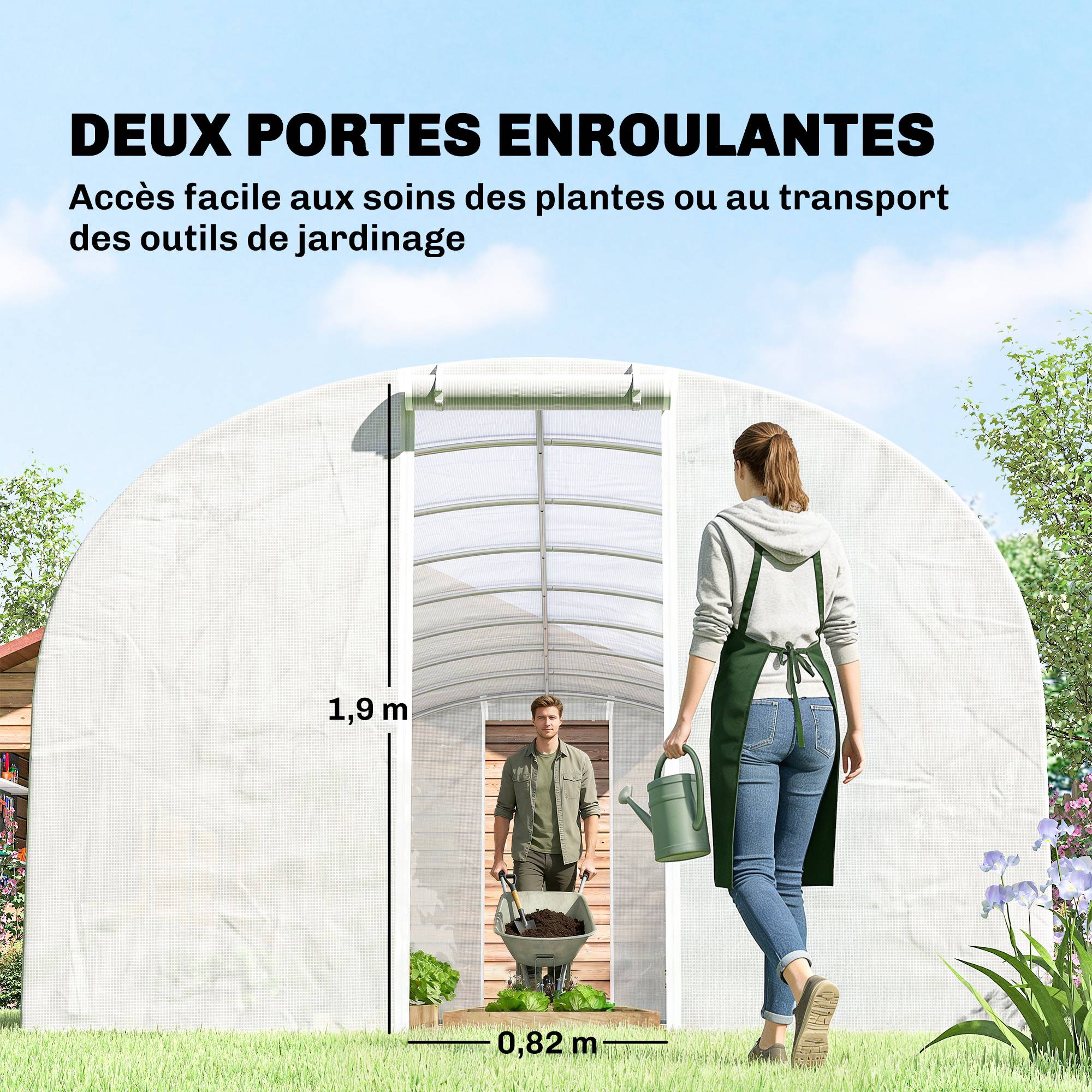 Serre tunnel de jardin 24m², serre de jardin tunnel avec cadre en acier galvanisé, portes et 2 grandes fenêtres, blanc - Image 9