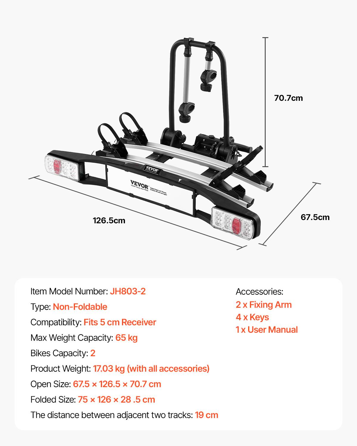 VEVOR Porte-vélos attelage, charge 65 kg (2 vélos), verrouillable, feu arrière. Compatible récepteur 5 cm. - Image 7