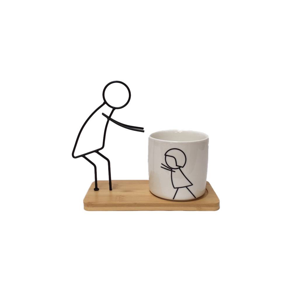 Cache-pot en porcelaine blanche et son support en bois et métal 20 x 10 x 18 cm Chemin de campagne